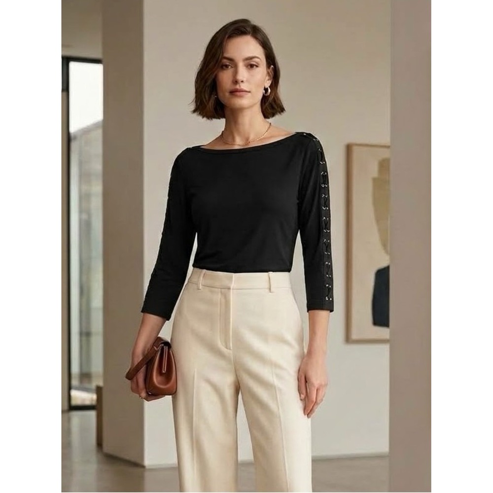 Lauren Ralph Lauren Black Grommet Lace Up Sleeve Top L Preppy Tailored Elevated